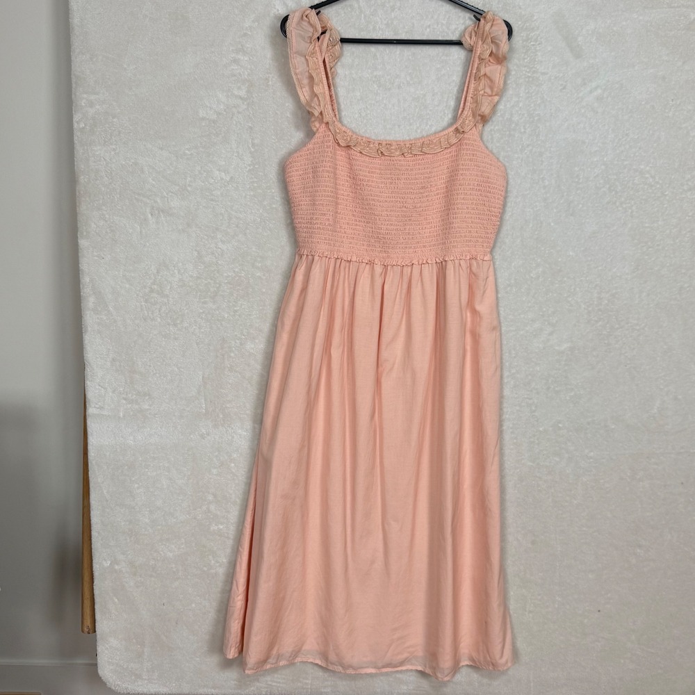Aritzia Blush Smocked Midi Dress Ruffle‎ Straps Cottagecore Romantic Summer XL